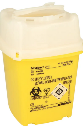 Veilige Medibox voor scherp medisch afval, met biohazard-symbool en UN-certificering, essentieel voor naleving van regelgeving.